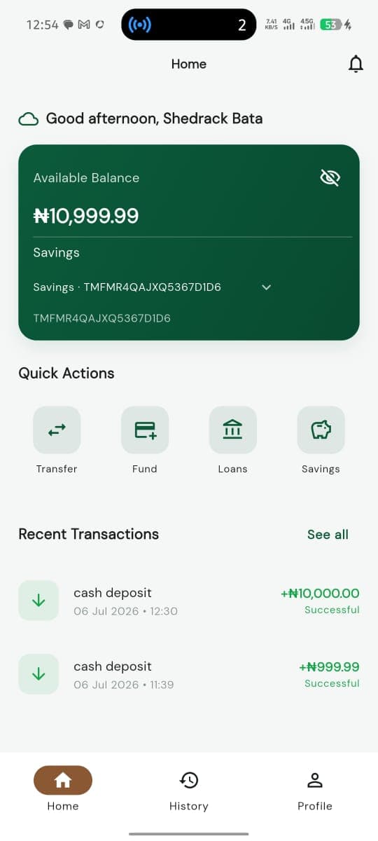 Tanjuriel mobile app home screen with balance, quick actions, and recent transactions